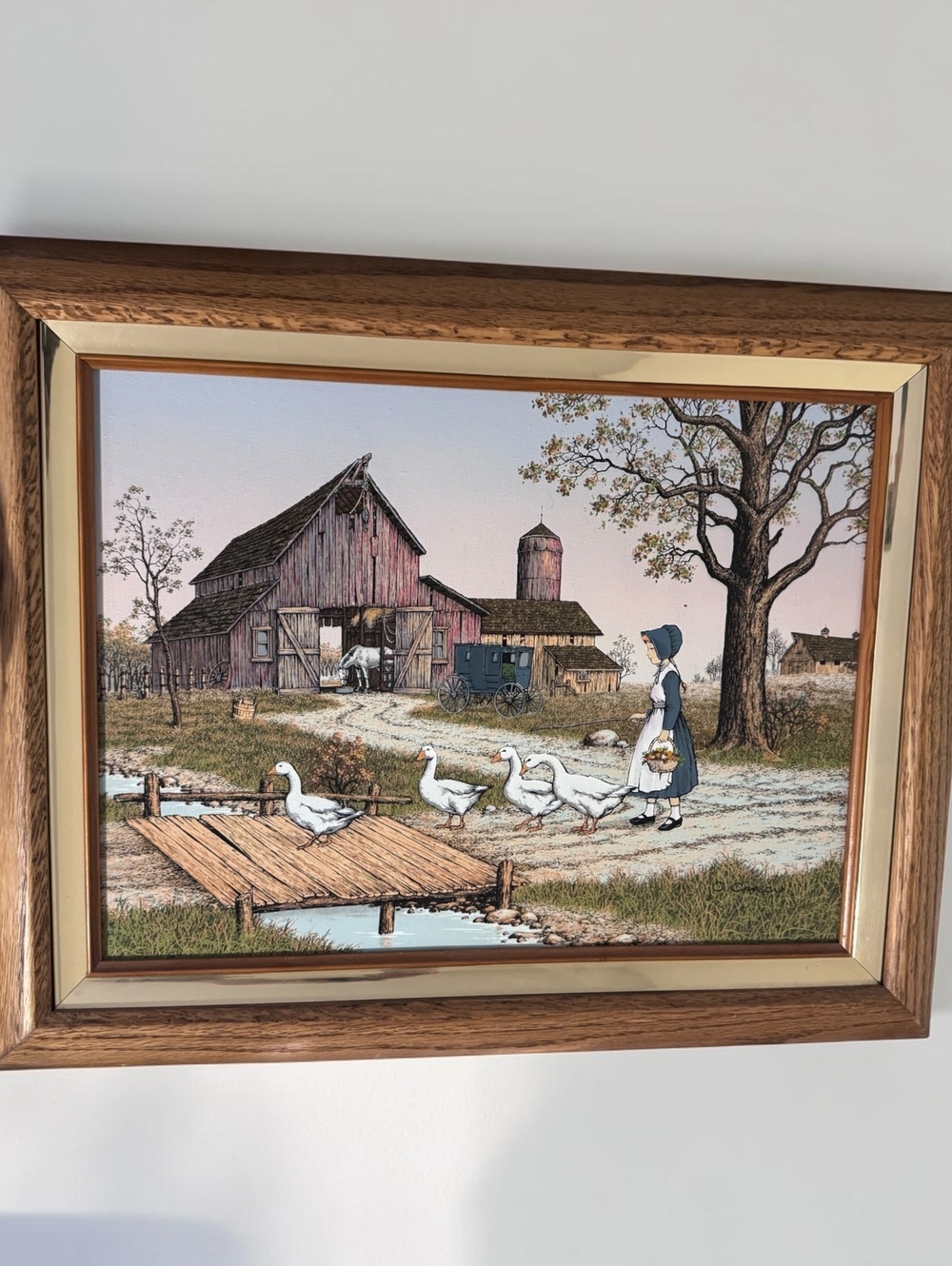 Vintage Rustic Farm Scene Wall Art with Wood and Brass Frame